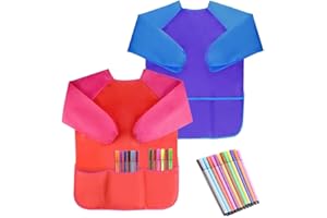 GENERIC Stickerboy 2Pcs Kids Art Aprons Smock Toddler Children Painting Apron Waterproof Play Apron red and blue