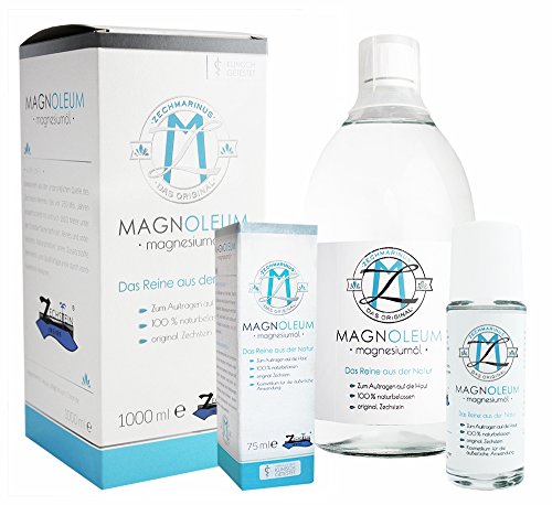 Magnesiumöl Zechstein MAGNOLEUM Set 75 ml Massage-Roller + 1000ml Glas-Flasche zum Nachfüllen der Sole mit Preisvorteil - dermatologisch klinisch getestet – Magnesium Öl – natürliches Magnesium Oil pur – natürliches Magnesiumchlorid Zechstein