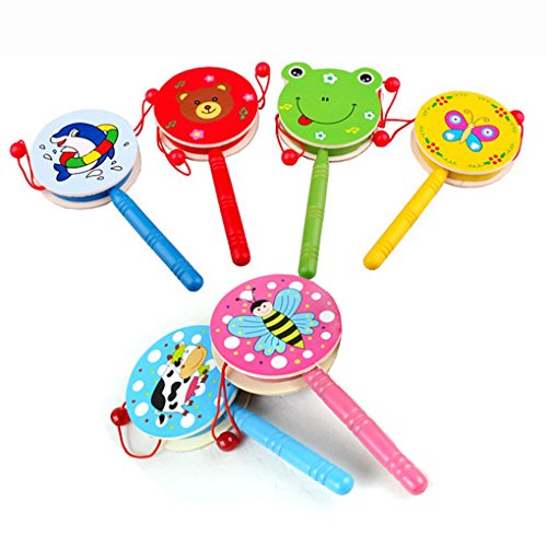 QHGstore Baby-Schüttel-Geklapper-Karikatur-hölzerne Hand-Bell-Trommel scherzt Musikinstrument-Spielzeug Zufällige Farbe - 3