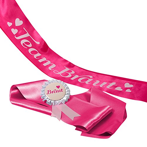 JGA Gruppenset Schärpen pink Frau Wundervoll - Team Braut -Inhalt für 1 Braut und 6 Freundinnen- Junggesellinnenabschied / Hen Party / Anstecker / Brautschärpe