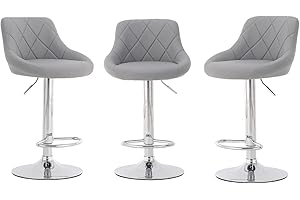 CROWNSHOP Modern Bar Stools Set 3pcs Leatherette Exterior Adjustable Swivel Gas Lift Chrome Footrest and Base for Breakfast Bar Counter Kitchen and Home Barstools Silver Grey