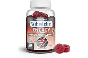 VITALDIN Energy Gummies – 70 Caramelle Gommose Energetiche con Ginseng, Guaranà, Caffeina e Taurina – Favorisce la Concentrazione, Aumenta le Prestazioni Fisiche e Mentali – gusto Ciliegia – Vegano