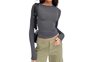 Zueauns Langarmshirt Damen Y2K Langarm Crop Top Rundhals Slim Fit Oberteile Pullover Einfarbig Basic Großformat unterziehshirt Sweatshirts