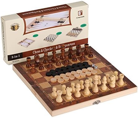 Joview 3-in-1 Folding Travel Chess & Checkers & Backgammon Wooden Chess Set for Kids or Adults Chess Board Game (9.5X9.5X0.8Inch)