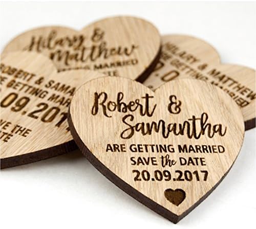 Save The Date Wedding Invitation Magnets Custom Personalised Rustic Wooden Oak Heart - 50 x Save The Date Wooden Heart Magnets with Envelopes - Script Design (50)