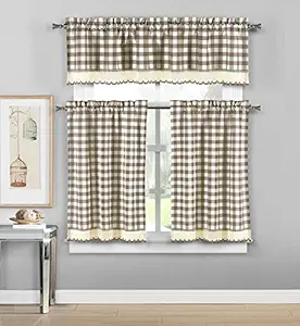 Duck River Textiles Queenston Checkered Kitchen Window Curtain Tier Valance Set, 2 29 x 36 & 1 58 x 15, Taupe