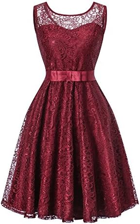 Women's Lace Fit and Flare Cocktail Party Dress A-Line Prom Bridesmaid Dress With Bowtie (Burgundy, S)