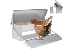 ORHEYA 5KG Automatischer Futterautomaten Hühner mit Pedal Füßen und Decke Wasserdicht und Rattensicher aus Verzinkter Stahl Futtertröge Futterspender Futtertrog Hühnerfutterautomat für Geflügel