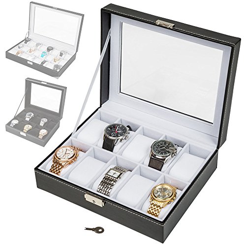 TecTake Uhrenbox Uhrenkasten für 10 Uhren Kunstleder - schwarz weiß -