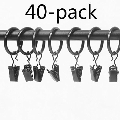 Flerise store 40-pack Black Matte Metal Curtain Rings with Clips (1") (1'', Black)