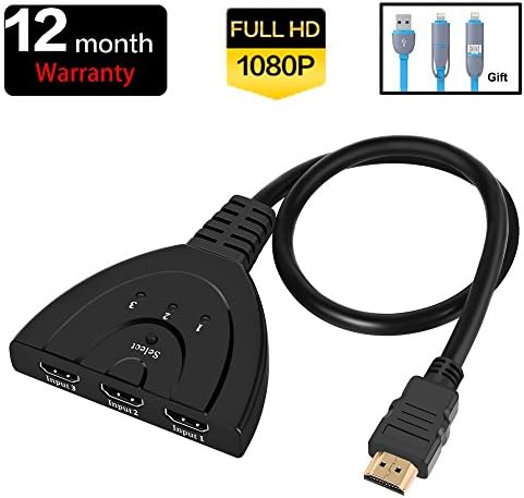 HDMI Switch Splitter 3x1 3-Port with Pigtail Cable Supports 3D Ver1.3 Full HD 1080P HDCP Pass-through Compatible for HD-DVD, SKY-STB, PS3, Xbox360 etc