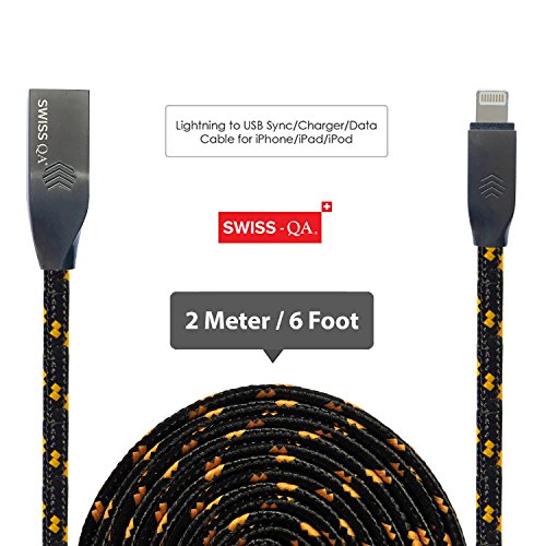 Lightning Kabel – 2m, Schwarz, Neustes Design – Sehr schnelles iPhone 7 Ladekabel – verstärktes USB Datenkabel mit Knickschutz – Für Apple iPhone 7 6 5, iPad, iPod – SWISS-QA Geldrückgabe Garantie - 2