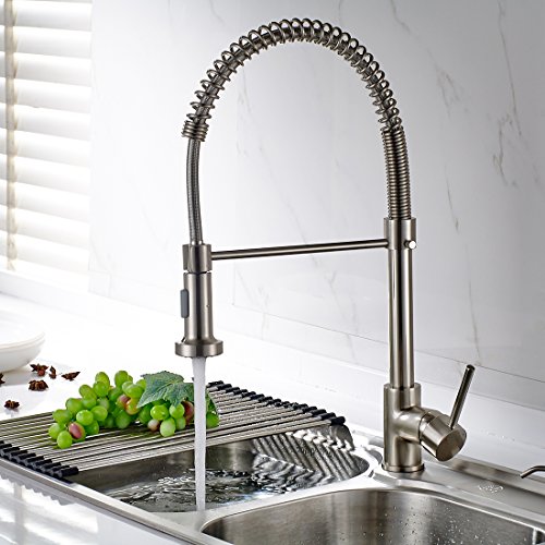 Timaco Wasserhahn Küche Einhandmischer für Küchen Spüle Gebürsteter Nickel Geschirrbrause Federbrause Mischbatterie Küchenarmatur Spültisch Armatur