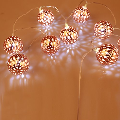 IntiPal 10er LED Lichterkette Silberne Goldene Roségold Kugeln Warmweiß Kaltweiß Bunt Weihnachtsdeko (Roségold mit Kaltweiß) - 3