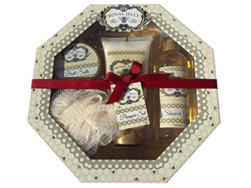 Luxury Royal Jelly Pamper Box Bath Salts Body Lotion, Scrub & Puff