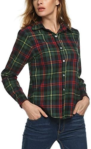 Cooshional Women Elegant Long Sleeve Grid Turn Down Collar Button Slim Casual Shirt Blouse (s, green)
