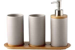 OnePine Set di 4 Accessori per Bagno, Ceramica, con Dispenser per Sapone, Portaspazzolino, Bicchiere per Lo Spazzolino, Vassoio di bambù