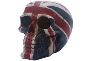 PEIQICHU Skull Bone Realistic Head Sculptures British Flag Painting Aged Model for Gothic Halloween Party Decoration Mexican Day of the Dead Props Desk Ornament Resin Skeleton Décor Figurine