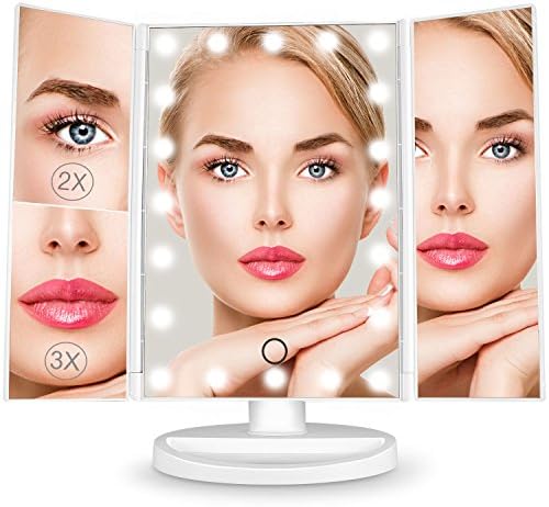 The Espoir White Tri-Fold 22 LED Lights Vanity Mirror with Touch Screen, Magnification Mirrors and Two Power Supply Mode Foldable Perfect for Travel