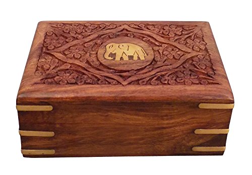 PMK Vatertags Geschenk hölzerne Schmuckkästchen Rechteck Form, Zentrum Elefant Inlay & Carving 7X5in Weinlese-Box.