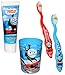 Produktbild 4 tlg. Zahnputzset - " Thomas die kleine Lokomotive " - mit 2 Zahnbürsten & Zahnputzbecher & Zahncreme - Kinder & Baby _ hochwertige Borsten - Babyzahnbürste & Kinderzahnbürste für Kinder / Jungen - zum Hinstellen / Zähne putzen - Zahnpasta Kleinkinder / Eisenbahn / Lok Zug - Fahrzeuge - Zahnbürsten / Zähneputzen lernen