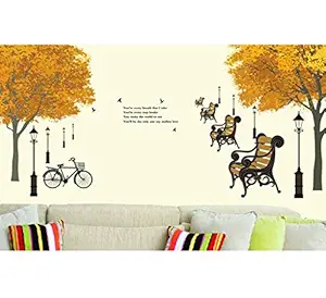 Decals Design Trees in Autumn Antique Lamps Benches Bicycle and Love Quote Wall Sticker (PVC Vinyl, 90 cm x 60 cm, Multicolour)