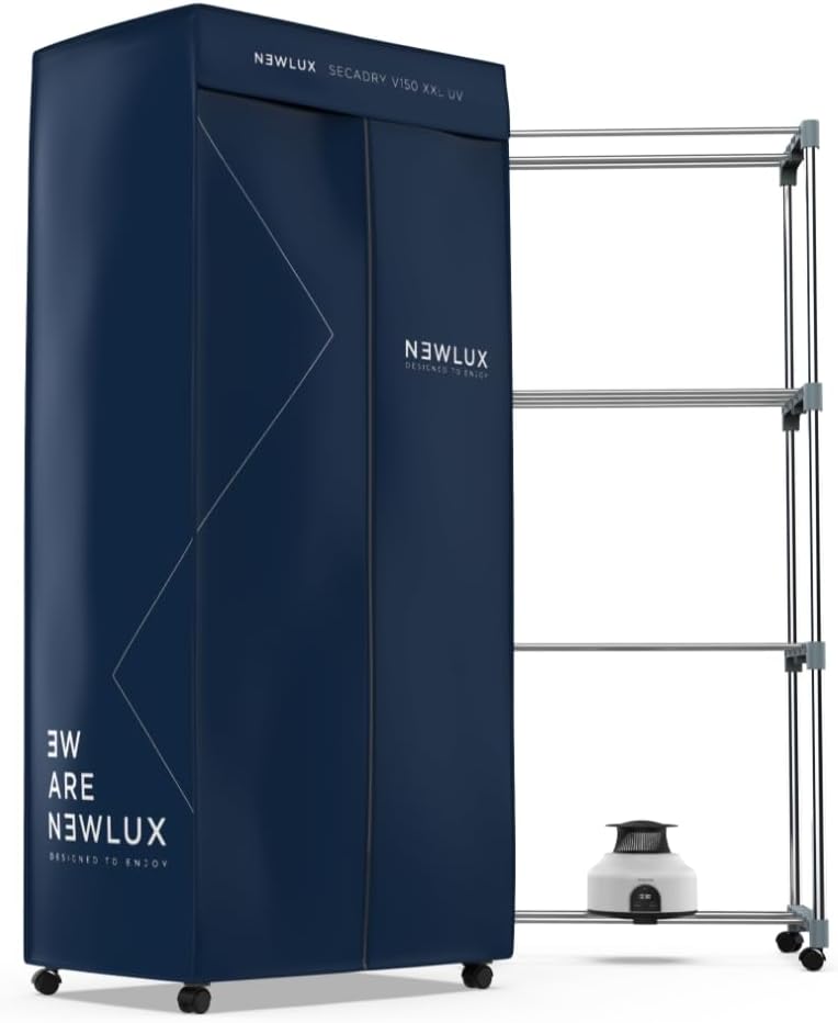 Newlux - Secadora de Ropa Eléctrica Portátil Secadry Azul con Luz UV para Desinfectar. Capacidad 15Kg, Temp. 180min, 4 Niveles. Secadora por Ventilación (1200W) 3 en 1. Ideal como Armario y Tendedero