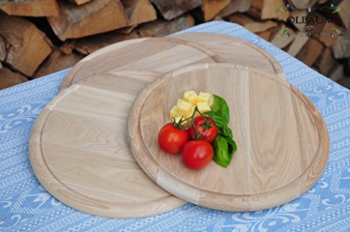 4 x Pizzabrett, Flammkuchen Servierbrett, Holzbrett rund, PREMIUM-QUALITÄT, groß Holz,mit umlaufender Rille - Ölrille / Saftrille -, je ca. 28 cm, als Bruschetta-Pita-Döner-Naan-Roti-Ciabatta-Langos-Chubz-Servierbretter, Schneidebrett Schneidebrettchen, Frühstücksbrettchen,Anrichtebretter, Brotzeitbretter, Steakteller schinkenbrett rustikal, Schinkenteller von BTV