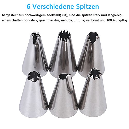 Dekool Kuchen Spritztüllen Set mit 6 Stücke Garniertülle und Spritzbeutel für Keksen, Plätzchen, Pralinen, Geburtstag Tortendeko und Torten Deko Decorating Tools aus Edelstahl - 2