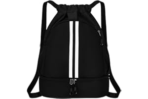 LURORA2021 Mochila de Cuerdas Impermeable Ajustable con Cremallera para Deporte - Bolsa Grande de Gimnasio con Compartimento para Zapatos, Natacion, Fitness - para Mujer y Hombre (Negro)