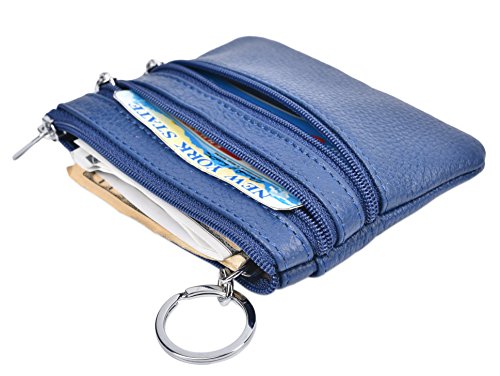 Outrip Womens Mini Coin Purse Wallet Genuine Leather Zipper Pouch with Key Ring (Blue)