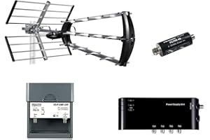 HDME Kit Préamplificateur 4/1 TV Amplificateur + Alimentation 4 Sorties TV pour Antenne terrestre TNT Noir + Antenne d'Extérieure Trinappe 26dB UHF 415044 - Fiche F + Filtre 4G intégré