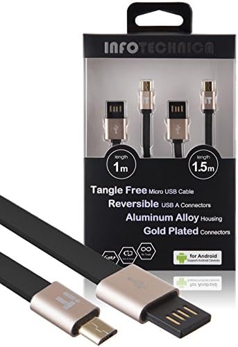InfoTechnica [2-Pack] Exquisite Premium 1M(3.3ft) &amp; 1.5M(5ft) Micro USB Cable Pack High Speed Tangle Free Reversible USB 2.0 A Male to Micro B with Aluminium Alloy shell and Gold-Plated Connectors Sync and Charge Android, Samsung, HTC, LG, Nokia, BlackBerry, Sony and many more devices with micro-USB charging socket. (Black &amp; Gold)