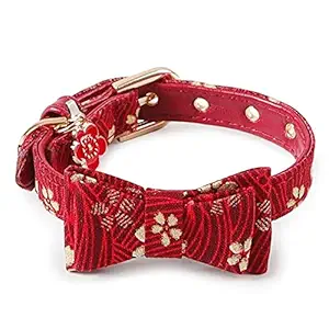 Pets Empire Japanese-Style Bow Puppy Cat Collar PU Collar Bell Bow Pet Cat Tie Adjustable Neck 17-24cm Width- 1cm ( Red )