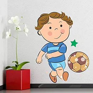 StickMe Lovely Little Boy Playing Football Baby - Kids - Learning Education Nursery Pre School Kinder Garden Wall Sticker  -SM399 (Multi Colour, Vinyl - 100cm X 80 cm )