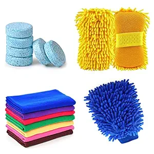 Kanya Car Cleaning Accessories Car Washing Kit Combo Pack of 5 ( 2 Pcs Microfiber Cloths-250GSM 40x40 Cms, Microfiber Sponge, Hand Glove, 2 Pcs Magic Glass Cleaner Tablet