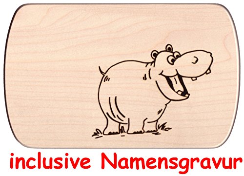 Frühstücksbrettchen 24 x 15 cm Nilpferd Holzbrettchen aus einem Stück inclusive Gravur eines Vornamens Vesperbrett Brotzeitbrett Jausenbrett