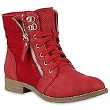  Stylische Damen Stiefeletten Worker Boots Spitze Knöchelhohe Stiefel Gesteppt Damen Leder-Optik Zipper Ketten Schuhe 146974 Rot 40 Flandell