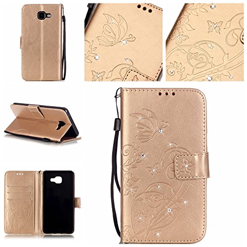 Cozy Hut Strap Lanyard fr Samsung Galaxy A5 (2016) A510, [Luxus mit Diamant Schmetterling Blumen] Lederhlle Leder Case Ledertasche Muster, Bunte Retro Butterfly Flower Leaf Style Leder Schutzhlle PU Leder Handy Tasche Flip Case Wallet Cover mit Kartenfach und Stnder fr Samsung Galaxy A5 (2016) A510 - golden