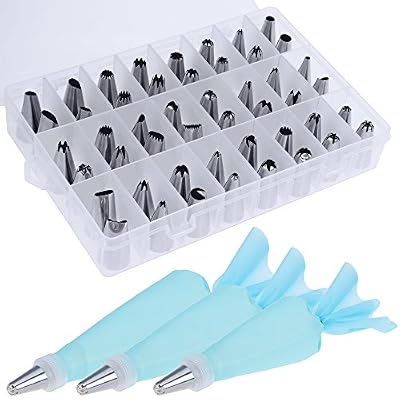 Zacro 54 Pcs Douilles Poche à Douille Patisserie en Acier Inoxydable DIY Kits Réutilisable pour Décoration de Gâteaux Crème (48x douilles, 3x coupleurs normes, 3x poches a douille )