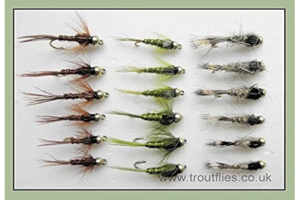 Lot de mouches de pêche - Nymphes à tête dorée, 18 plumes de queue de faisan, mouches oreille de lièvre couleur olive - Mélange de taille 10/12