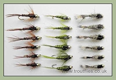 Troutflies UK Goldhead Flies 18 goldhead Nymphe mouches de pêche truite. Olive, lièvres oreille, Faisan Tails, Mixte