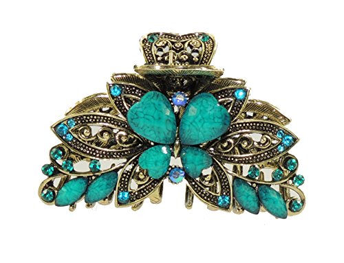 Beautiful Ladies 8cm Vintage Gold Tone Chunky Metal Hair Claw Clamp Butterfly Turquoise