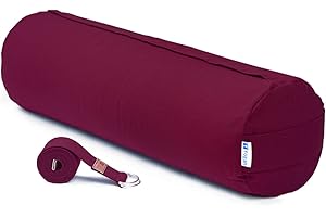 Yogan Yoga Bolster with a Yoga Belt/Strap | Natural Buckwheat Hulls Filling | Outer Cover (Could be Removed and Washed) - Made of 100% Organic Cotton