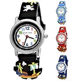 Pure Time® Kinder Uhr Jungenuhr Mädchenuhr Silikon Kautschuk Schul Uhr Jungen Mädchen Armbanduhr Uhr mit 3D Piraten Sport Lern-Uhr Schul-Uhr Blau Hellblau Türkis Schwarz Rot (Schwarz - Black)