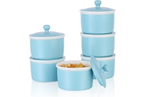 240ml Pirottini per Soufflé con Coperchio, Candiicap Set di 6 Pirottini da Soufflé in Porcellana per Cuocere al Forno, Budini, Creme Brulée, Salsa di Servizio (240ml, Blu Opaco)