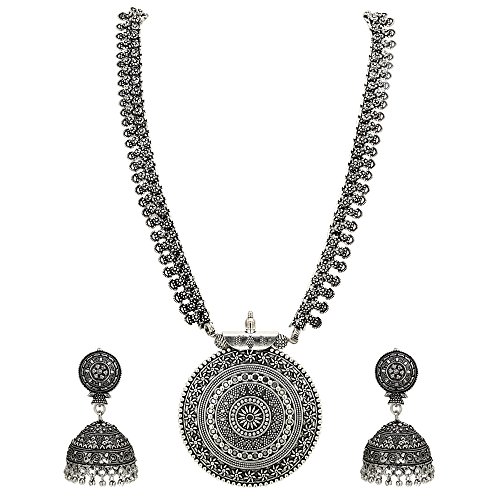 Sasitrends German Oxidized Long Necklace Earring Set For Girls And Women (Silver)