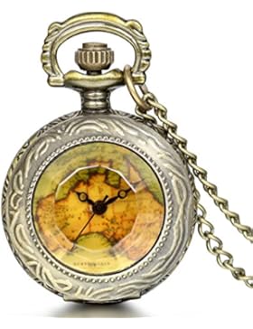 JewelryWe Herren Damen Taschenuhr, Retro Transparent Weltkarte Uhr Anhänger Analog Quarz Kettenuhr Pullover Halskette...