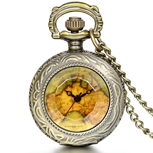 JewelryWe Herren Damen Taschenuhr, Retro Transparent Weltkarte Uhr Anhnger Analog Quarz Kettenuhr Pullover Halskette Kette