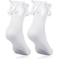 Geyoga White Frilly Socks Opaque Ruffle Lace Socks Women White Lace Socks with Bow Ankle Girls White School Socks Rich Frilly Lace Top Socks Princess Socks Dress Socks for Women Girls